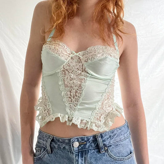 Mint Green Satin Lace Coquette Top My Store