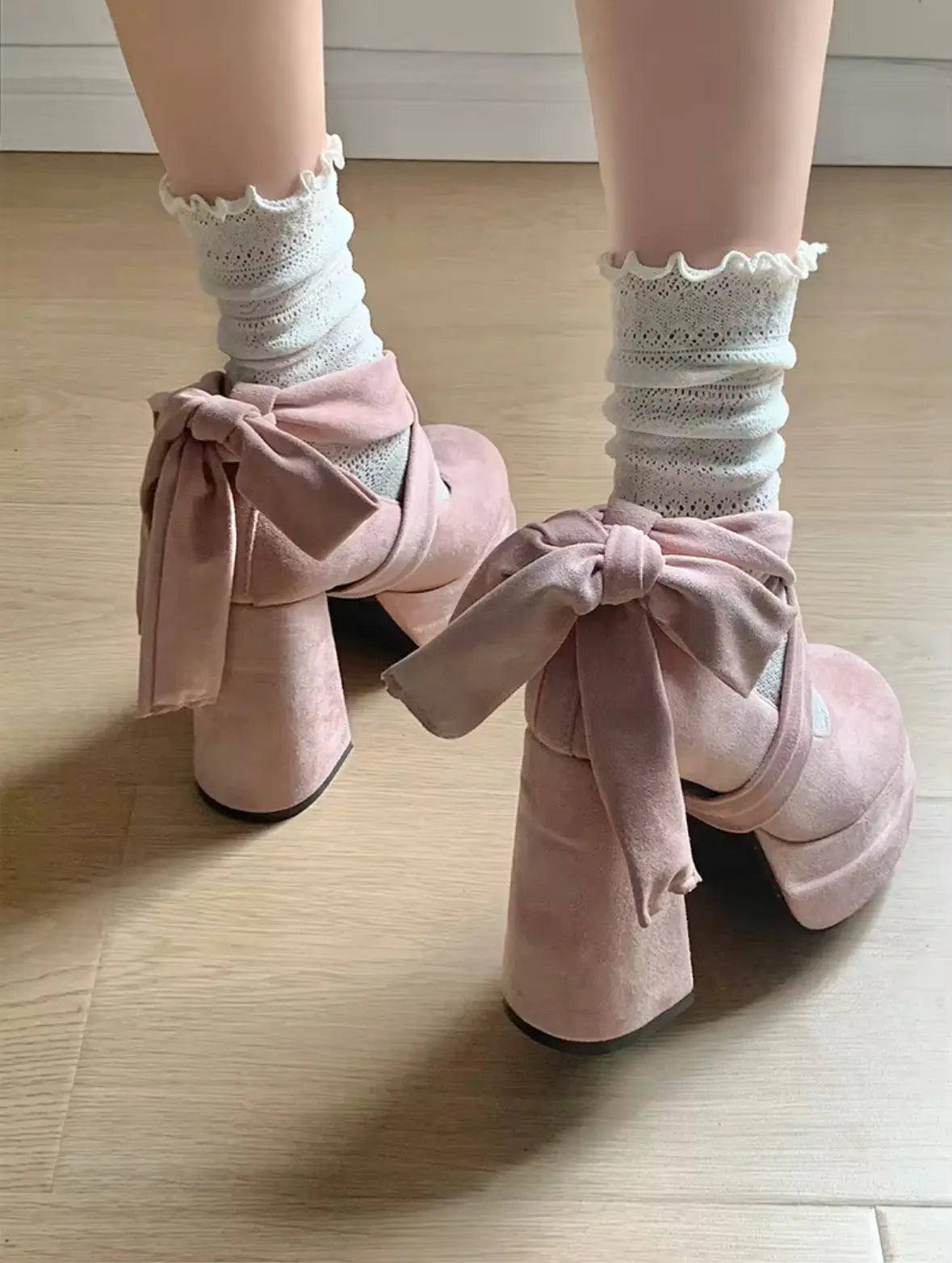 Velvet Pink Bow Chunky High Heels Solanj Studio