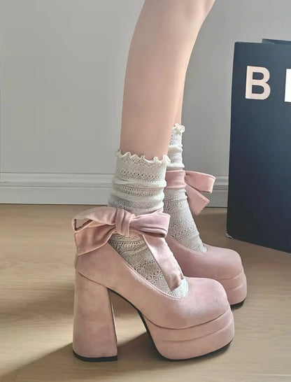 Velvet Pink Bow Chunky High Heels Solanj Studio