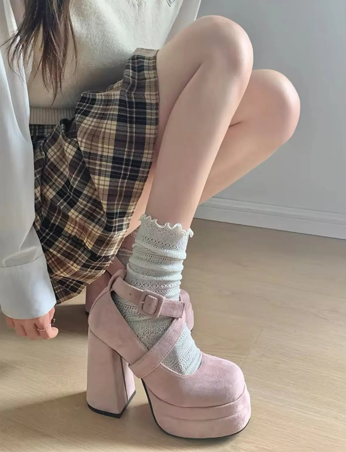 Velvet Pink Bow Chunky High Heels Solanj Studio