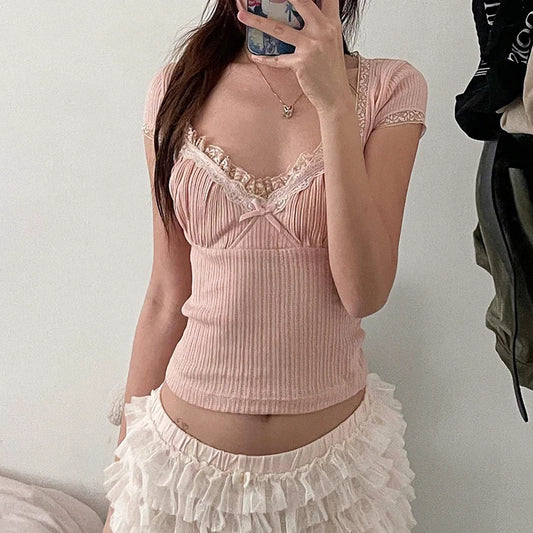 Pink Lace Bow Coquette Top My Store