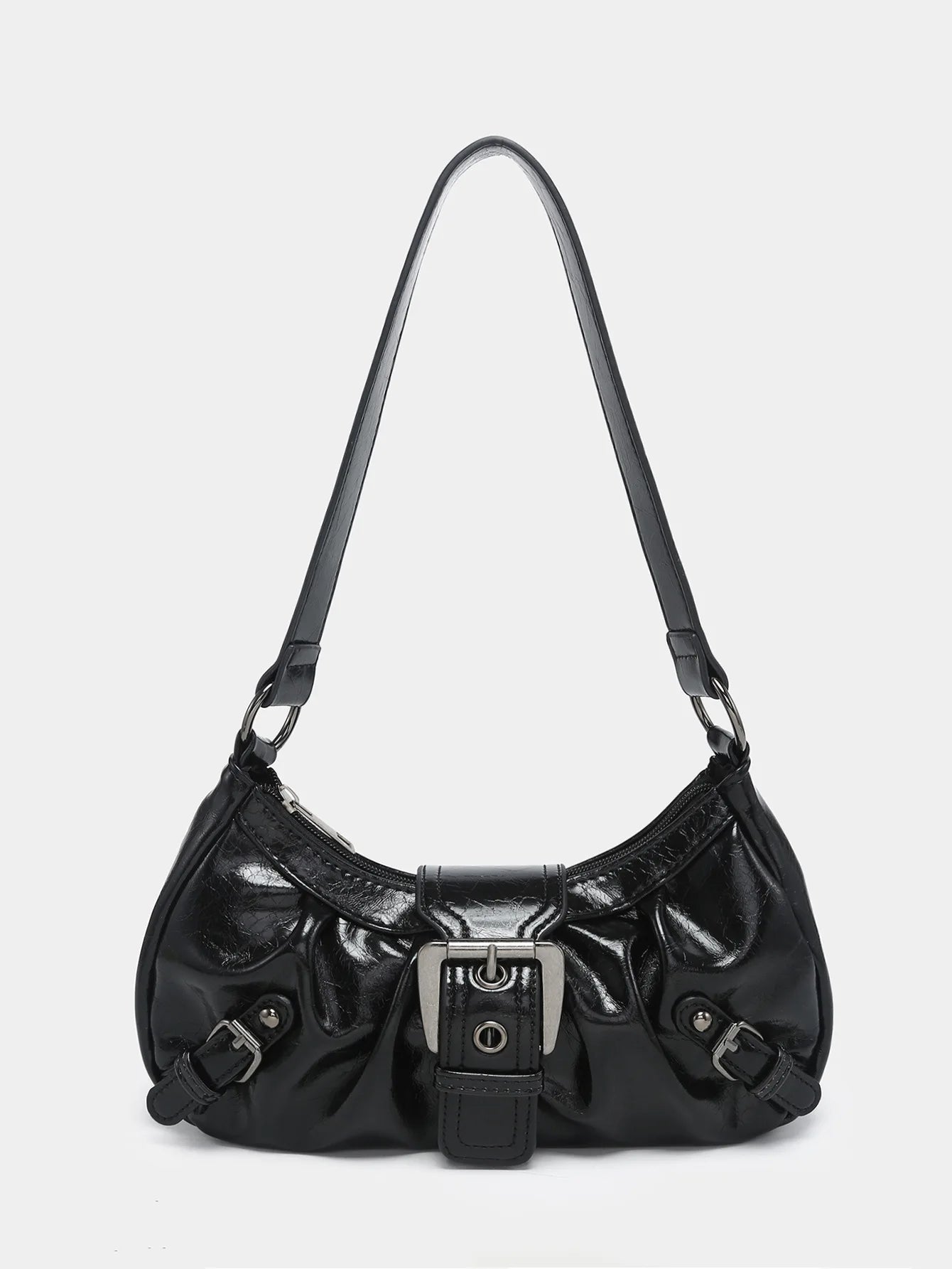 Y2K style black leather shoulder bag with a structured silhouette and unique buckle detail, ideal for vintage fashion lovers.