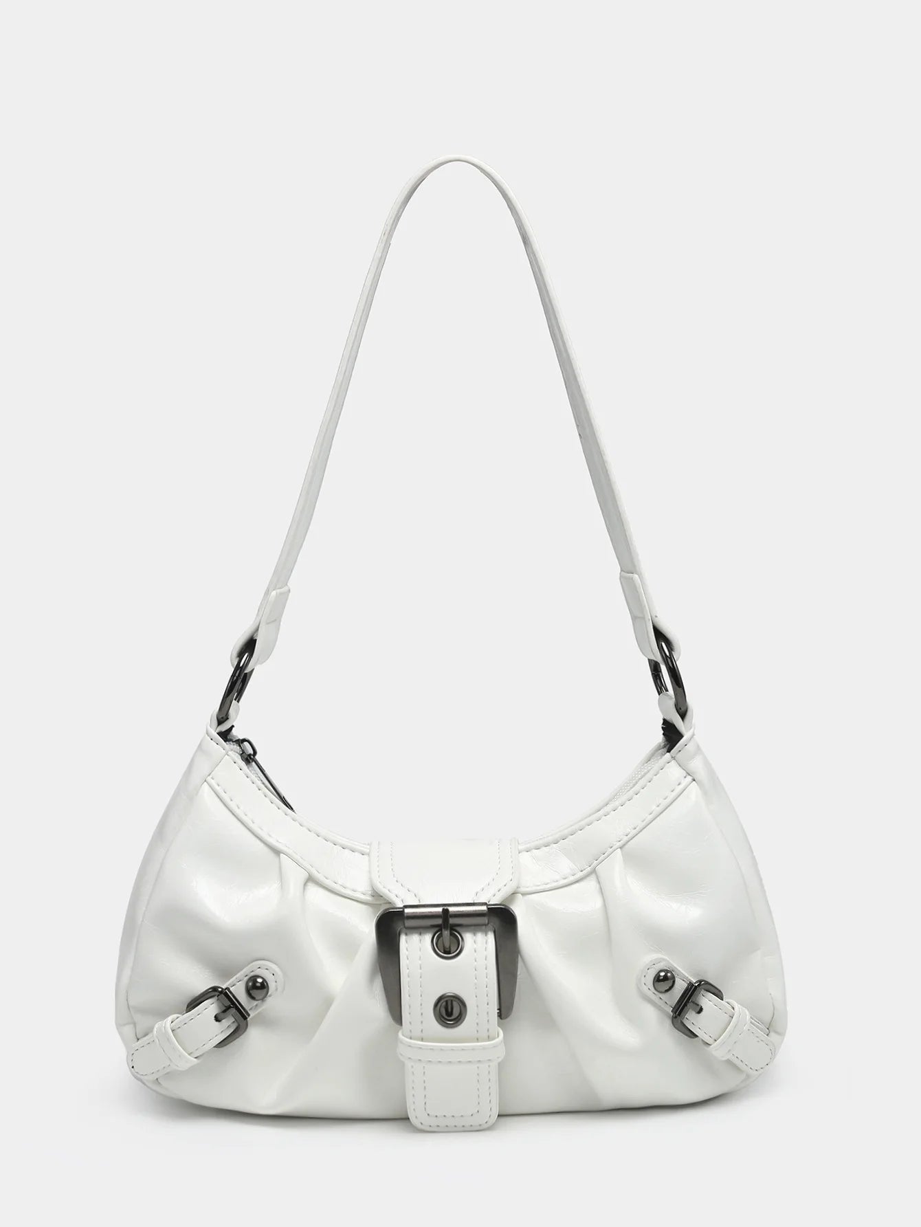 White leather shoulder bag featuring a structured silhouette and stylish buckle details, perfect for vintage Y2K fashion lovers.