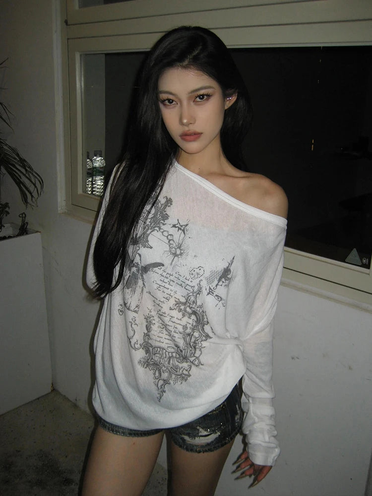 Y2K Graphic Tees Slightly Transparent Long Sleeve Top