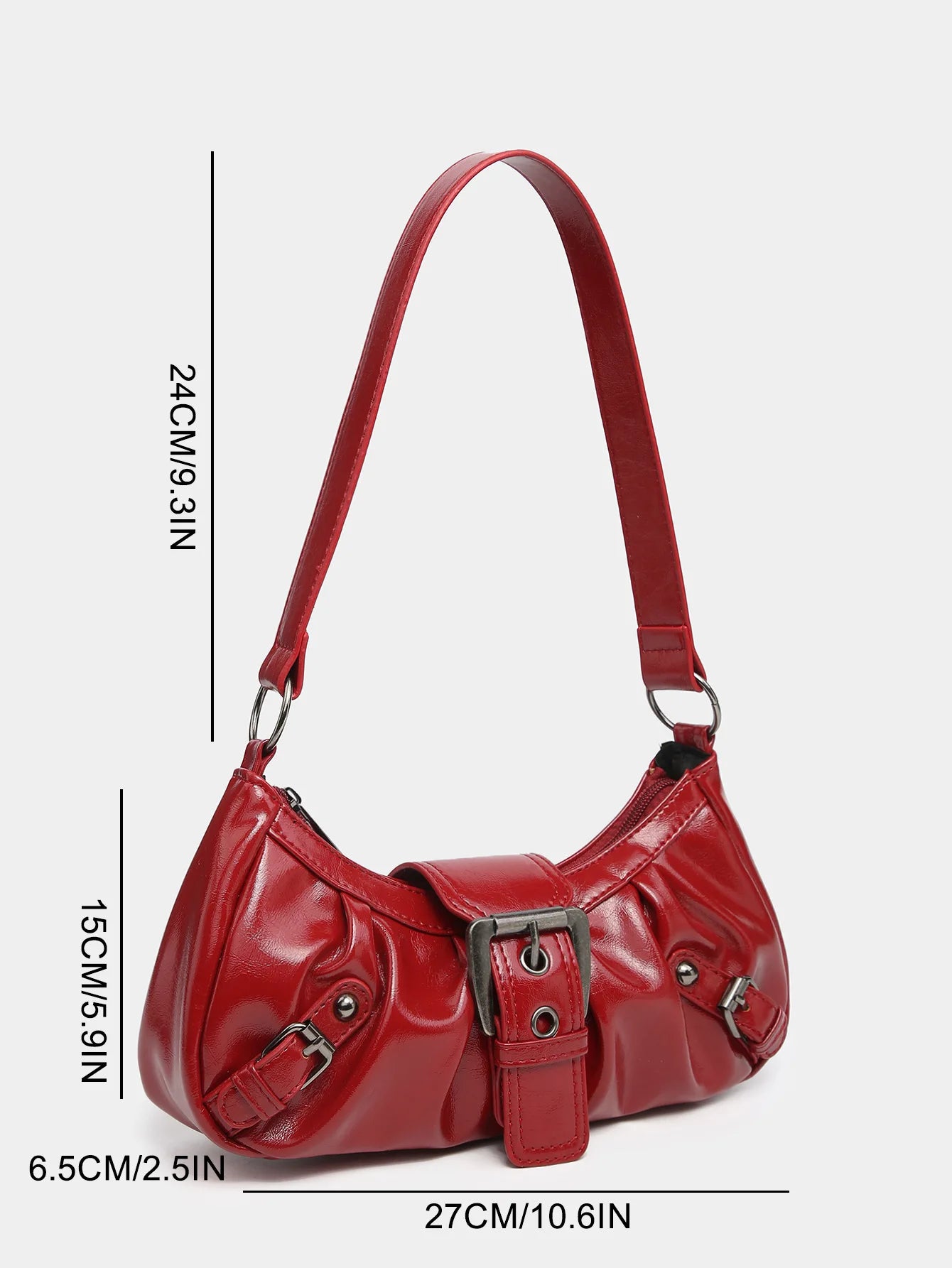 Y2K style red leather shoulder bag with structured silhouette and compact design, perfect vintage accessory.