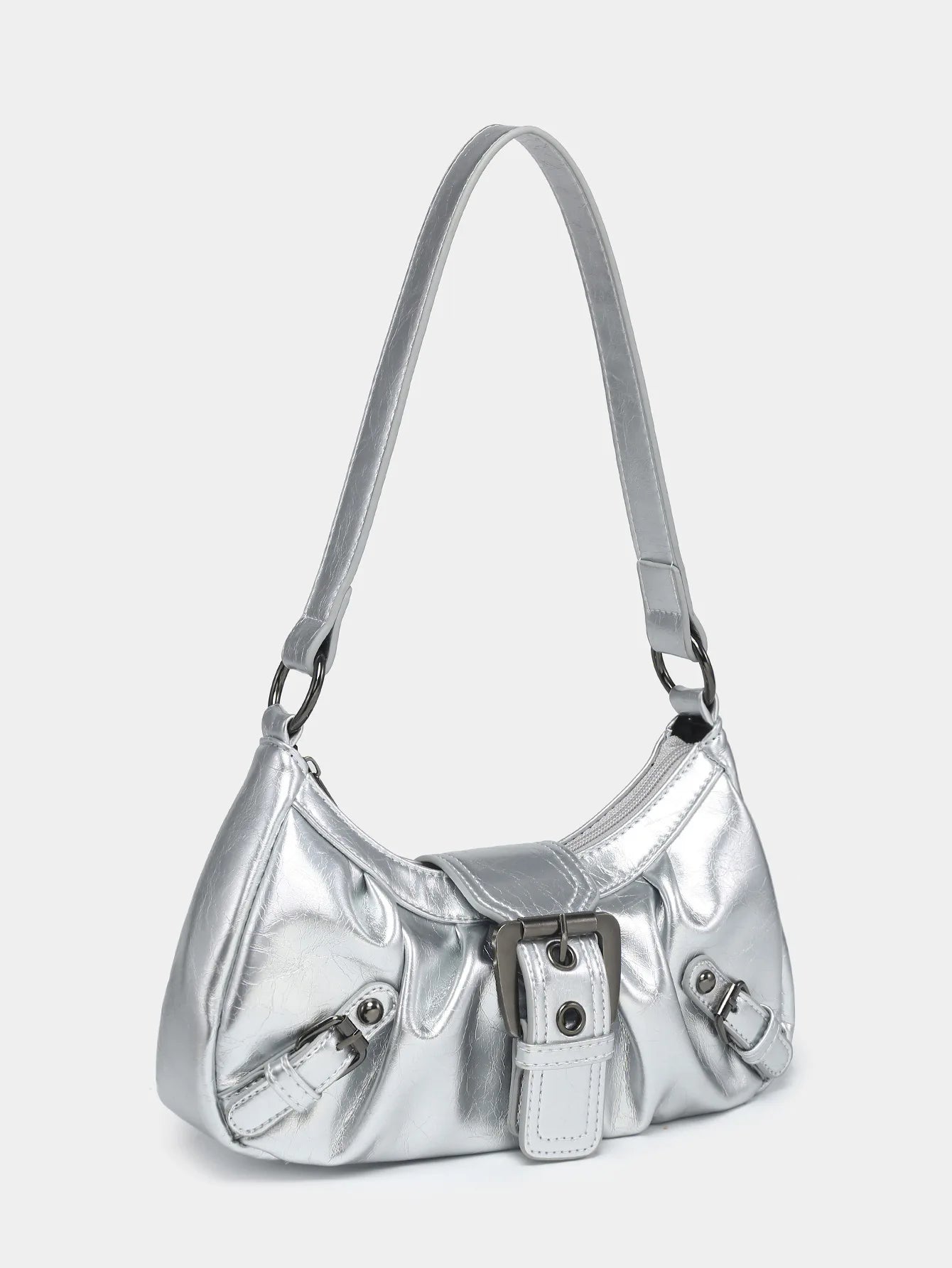 Y2K style silver leather shoulder bag with a structured design, perfect vintage accessory for bold fashion lovers.