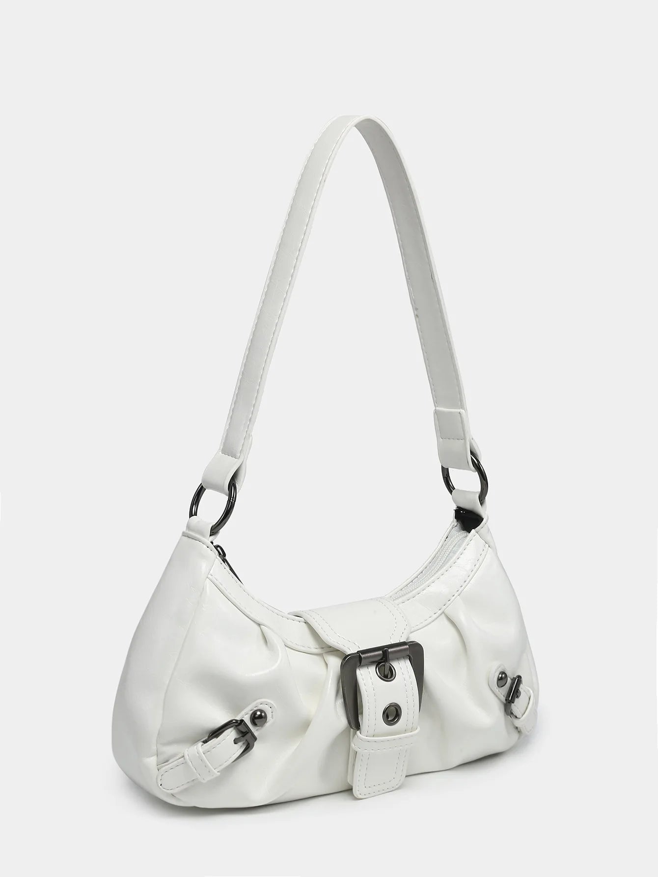 Y2K style white leather shoulder bag with buckle detail, a chic vintage bag for modern fashion lovers.