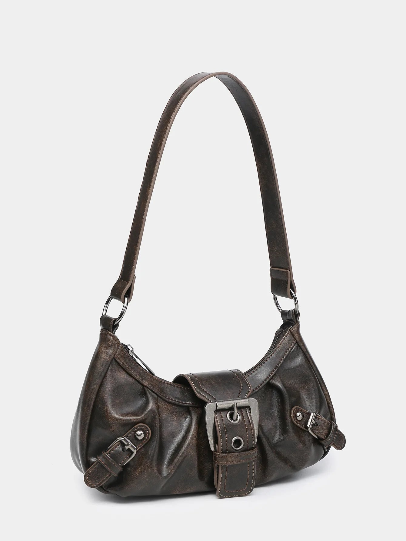 Y2K style leather shoulder bag in earthy tones, featuring a compact design and retro-inspired buckles.