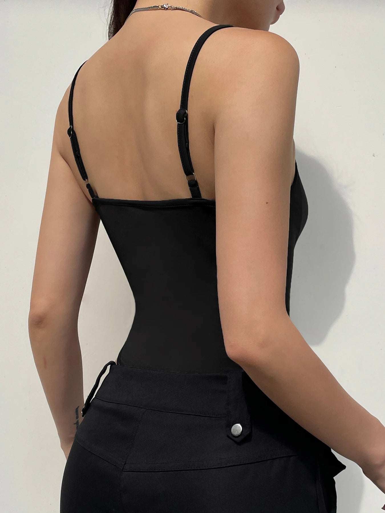 Y2K Sleeveless Shirring Spaghetti Strap Bodysuit Solanj Studio