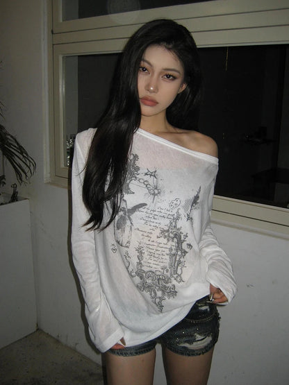 Y2K Graphic Tees Slightly Transparent Long Sleeve Top