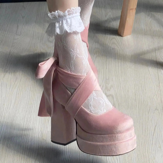 Velvet Pink Bow Chunky High Heels Solanj Studio