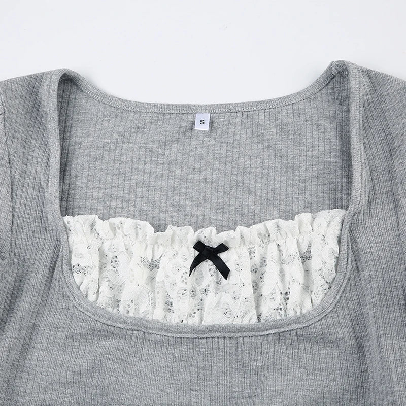 Gray Lace Bow Coquette Top My Store