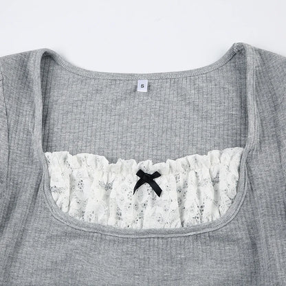 Gray Lace Bow Coquette Top My Store