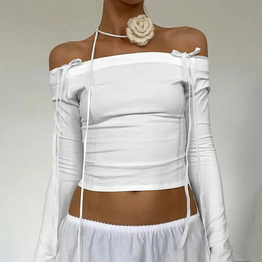 White Coquette Long Sleeve Bow Top My Store